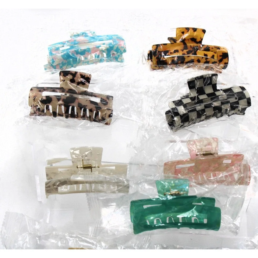 Assorted 9 Piece Hair Claw Clip Lot Rectangular Tortoise Checkered Marble 3in